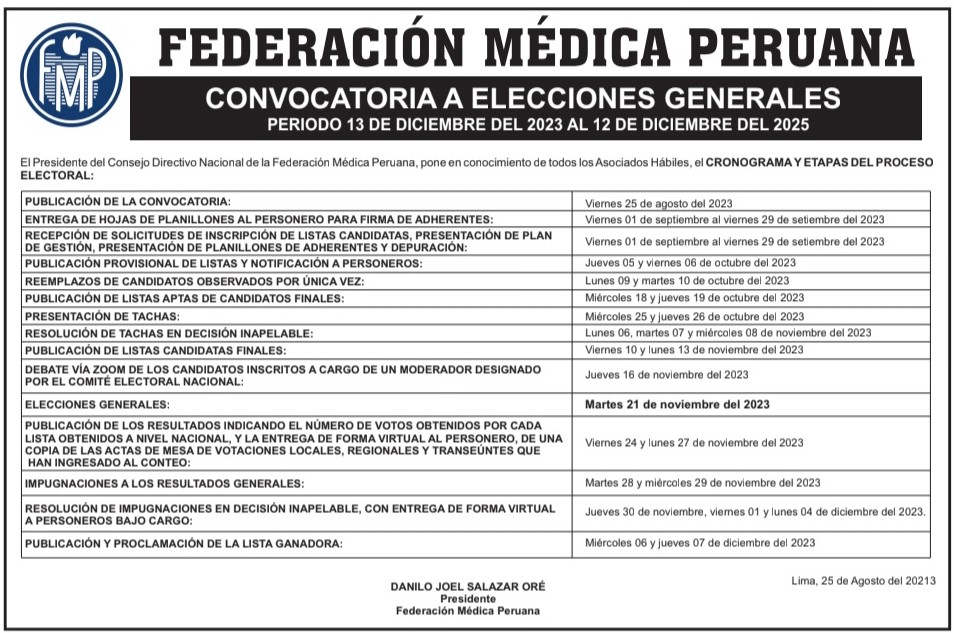 🔵 Convocatoria a Elecciones Generales de la Federación Médica Peruana